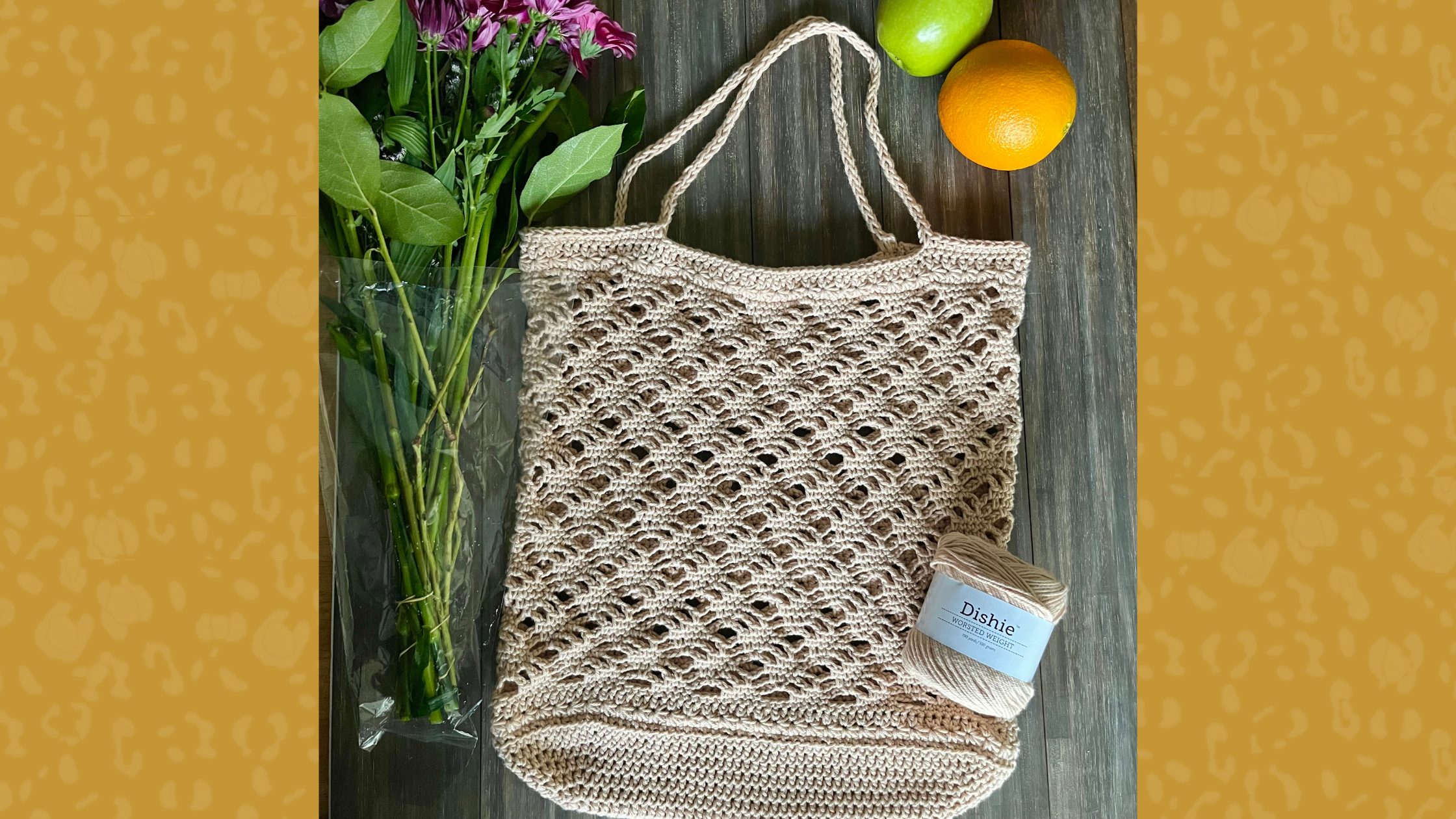 overhead view of lacy crochet market bag