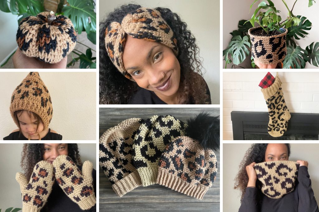 collage of leopard print crochet pieces
