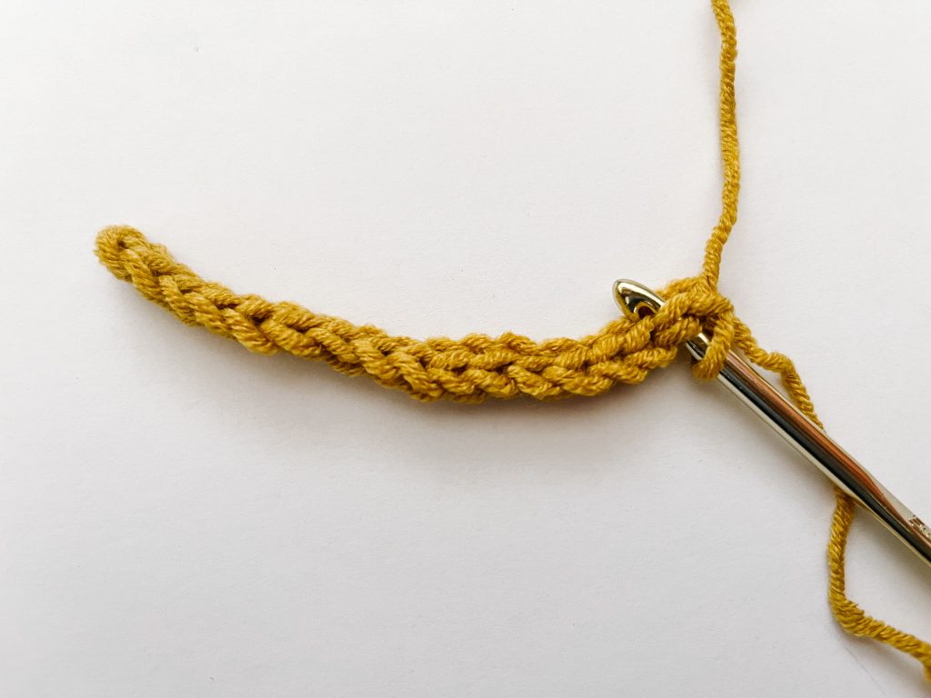 gold crochet hook showing where to insert hook for second row